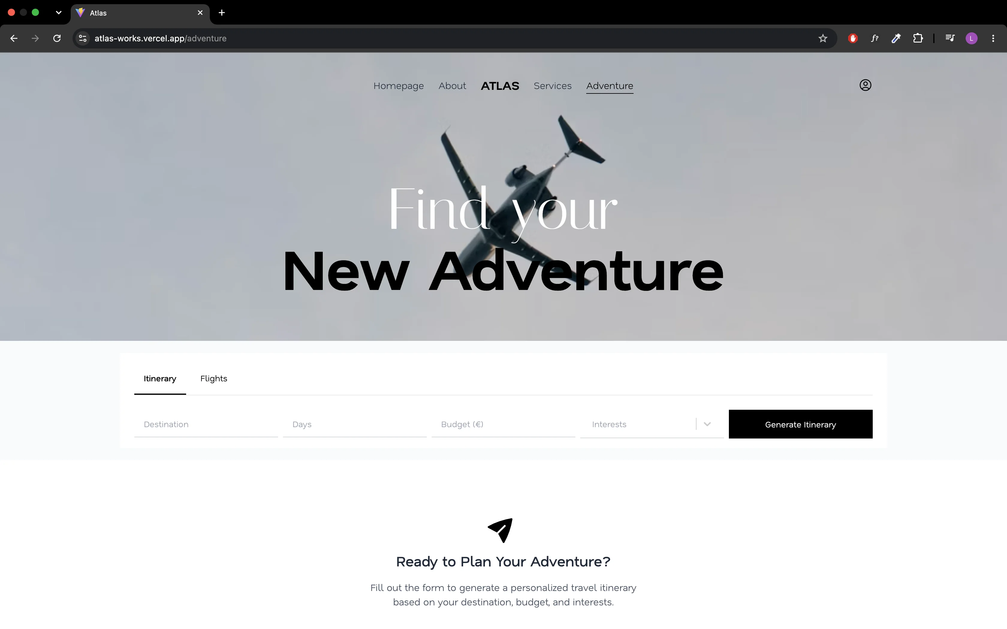 La pagina Adventure di Atlas, con il form per generare un itinerario da destinazione, giorni, budget e interessi