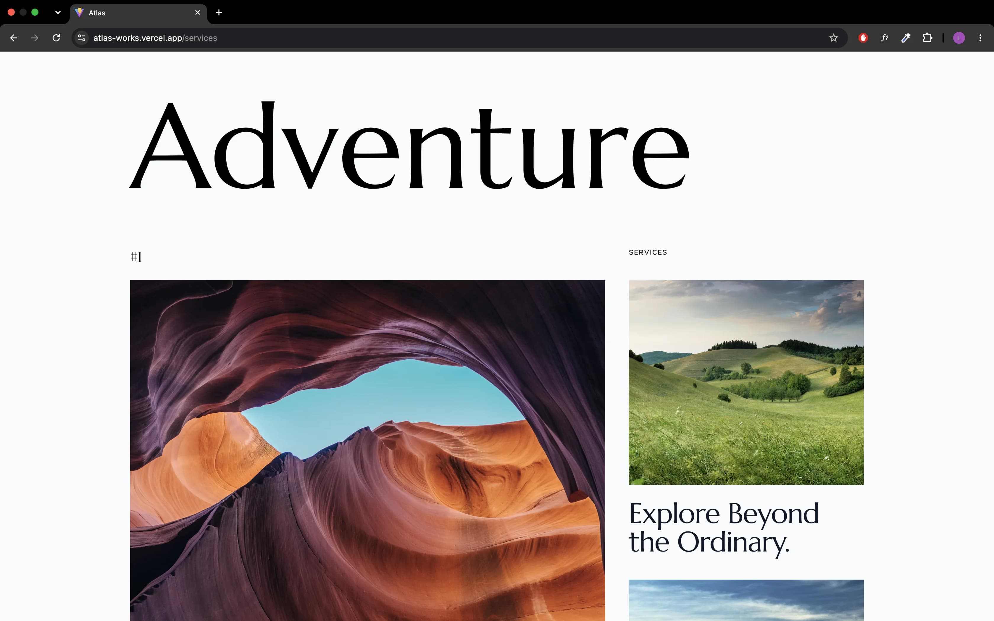 La pagina Services di Atlas, con il titolo Adventure in grande e una griglia di fotografie di paesaggi