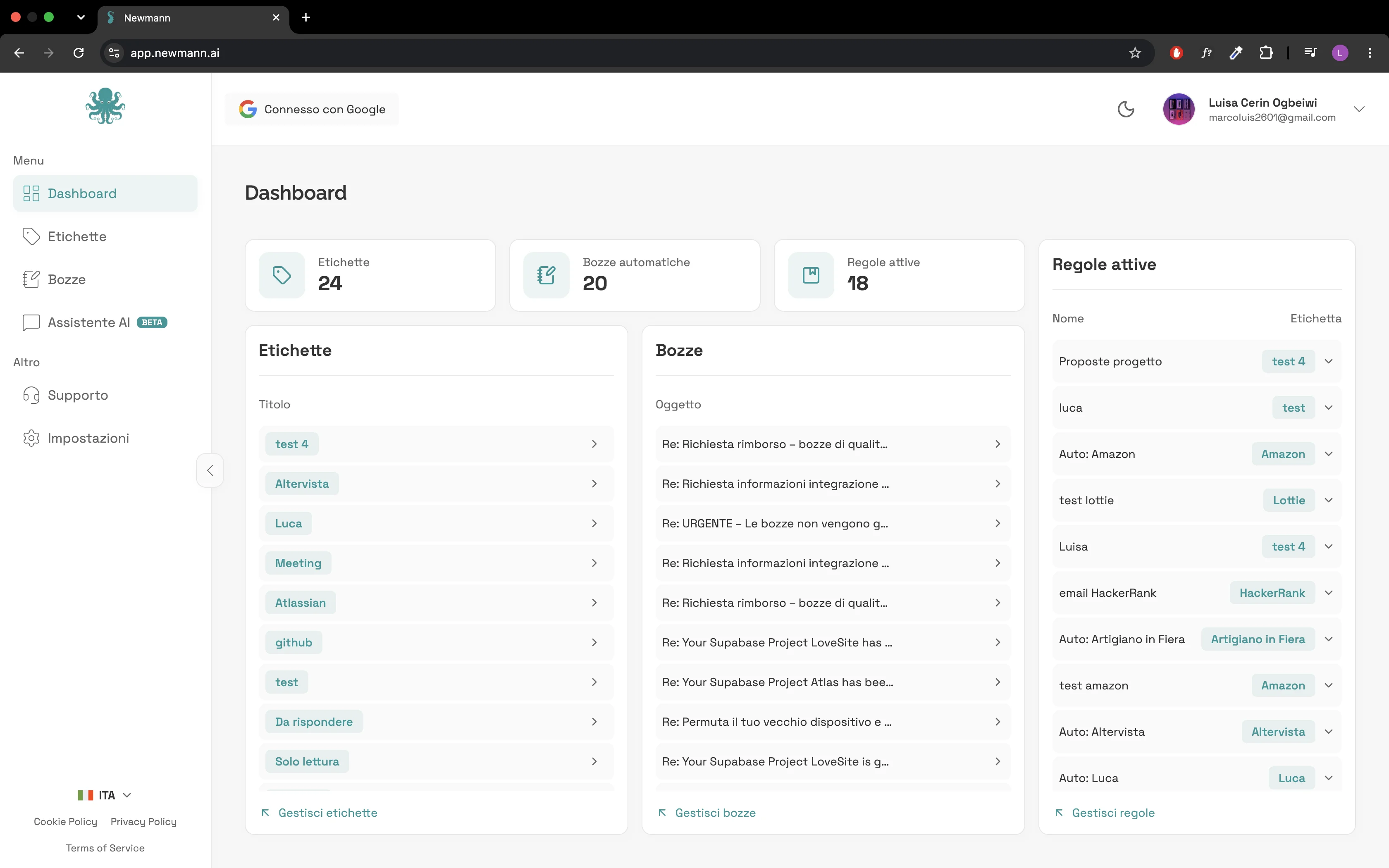 La dashboard di Newmann con etichette, bozze automatiche e regole attive