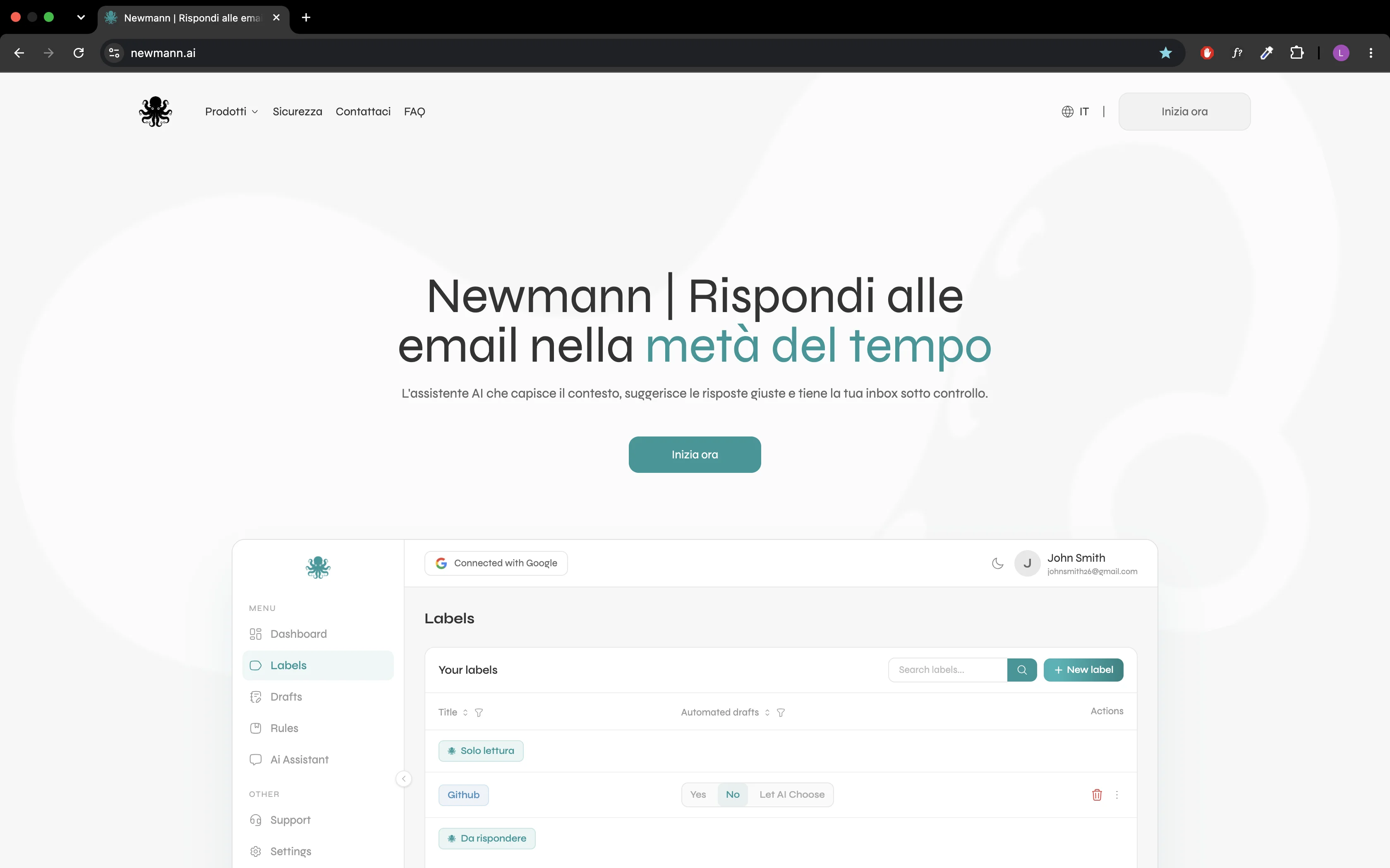 La landing page di Newmann